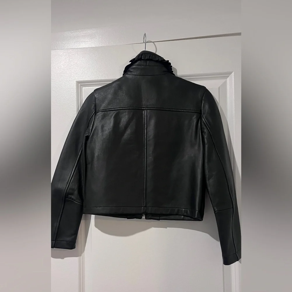 Maje Black Leather Ruffled Jacket - Picture 8 of 11